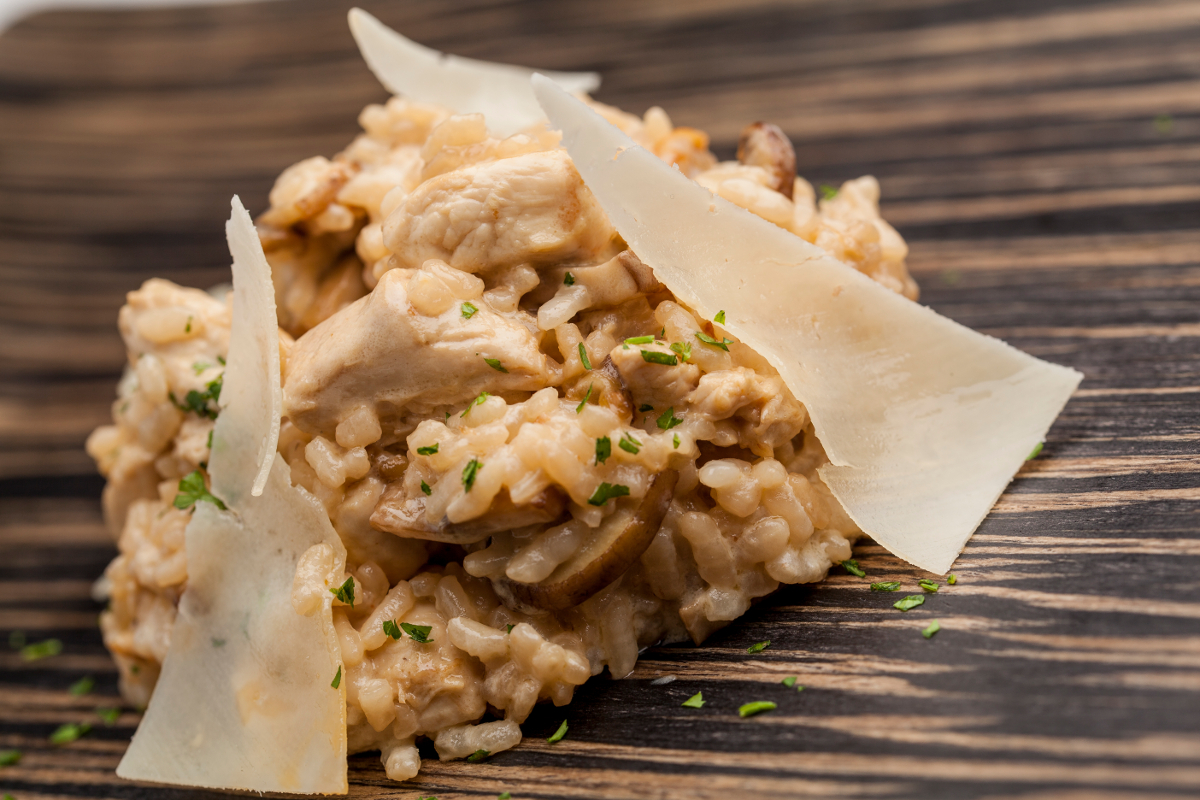 Risotto de polo de Curral con cogomelos