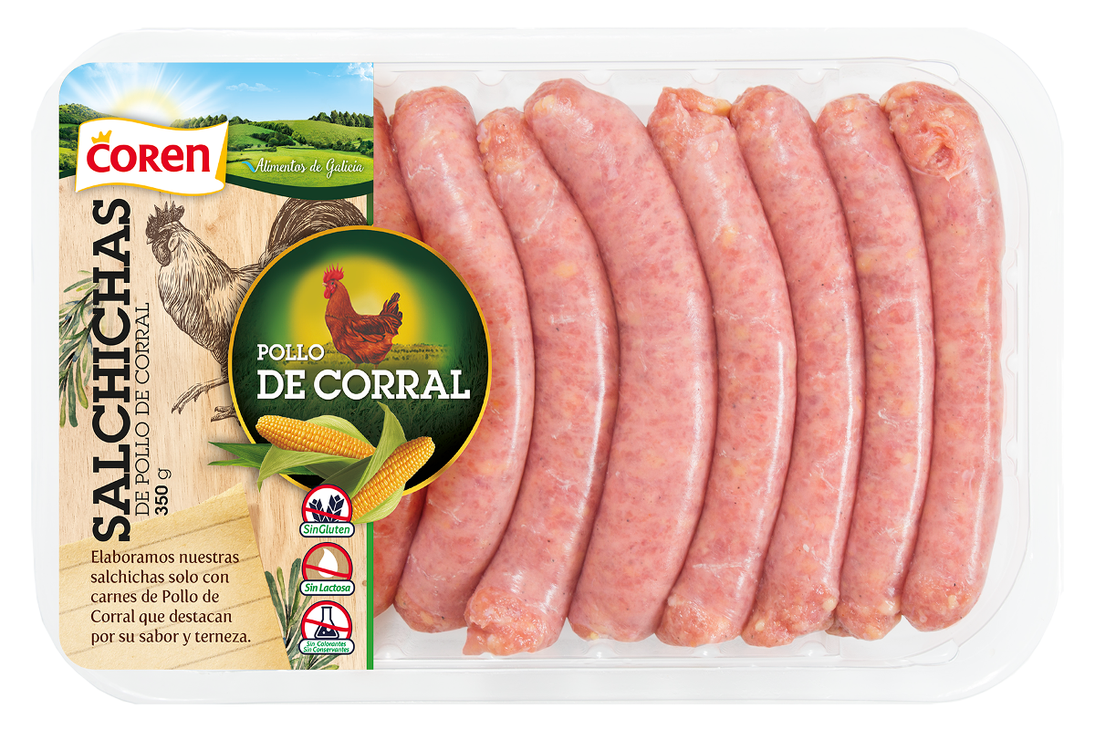 Productos elaborados de pollo de corral: salchichas