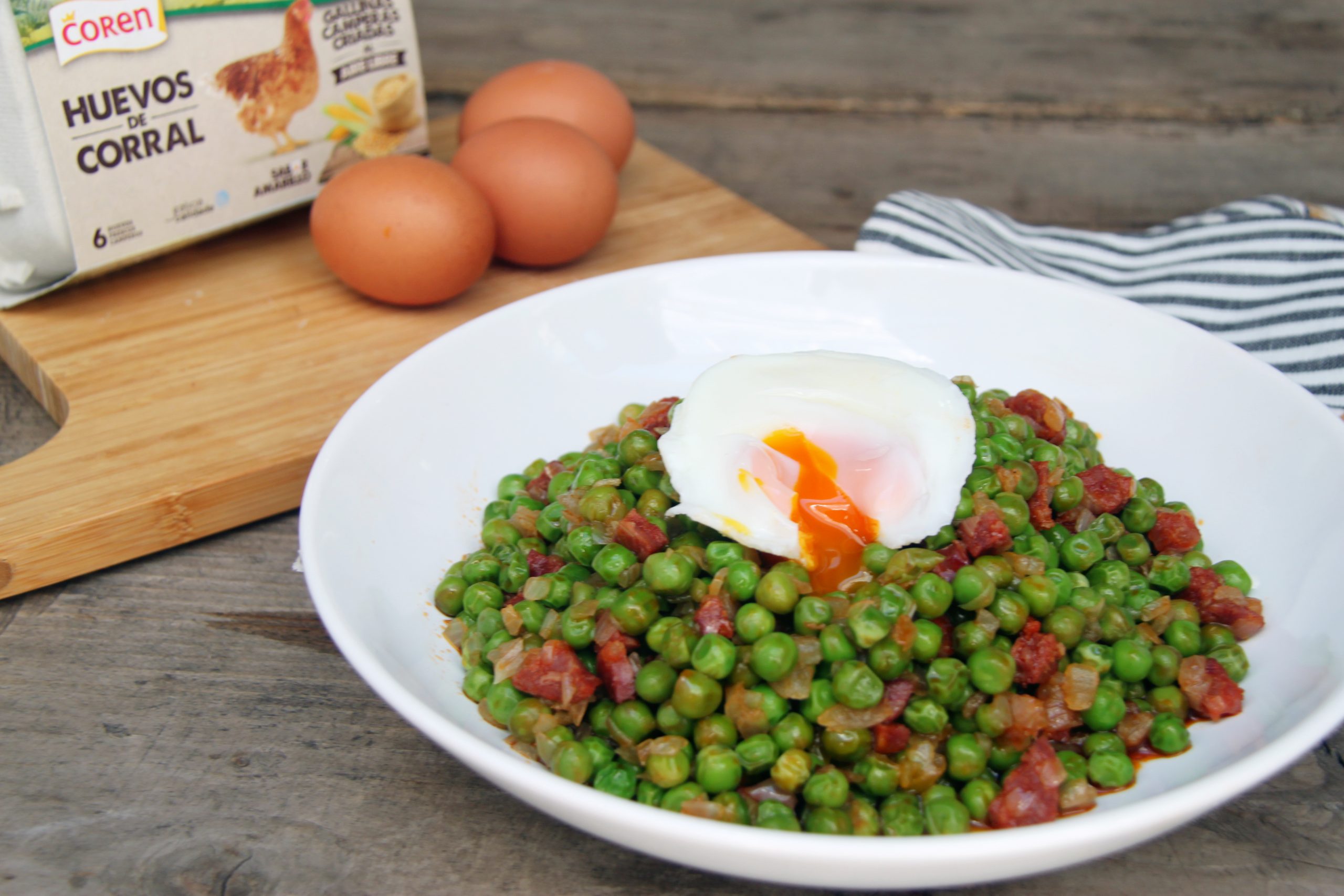 Peas Sautéed with Selecta Chorizo and Free-range Eggs