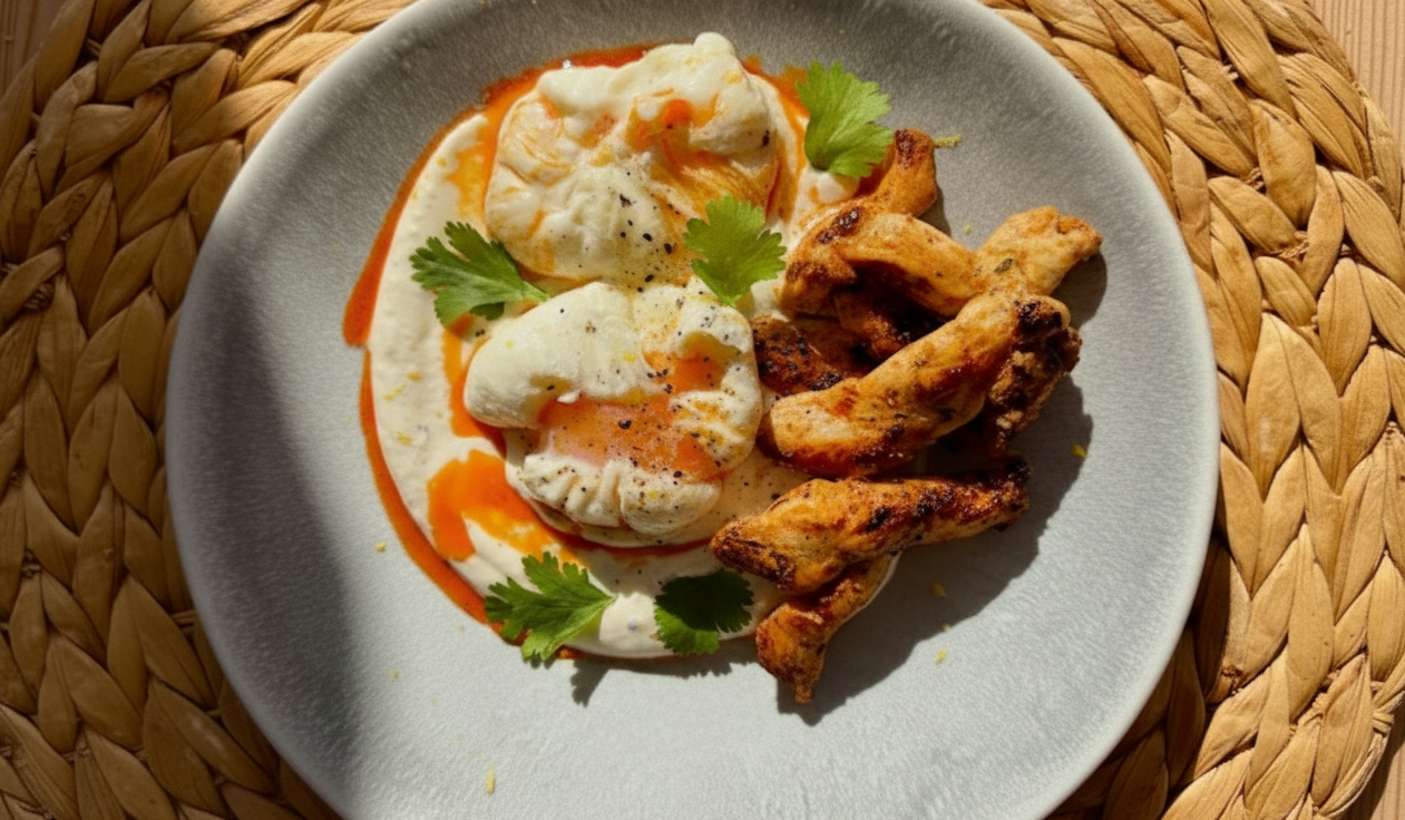 Huevos turcos con pollo de Corral especiado y mantequilla de pimentón
